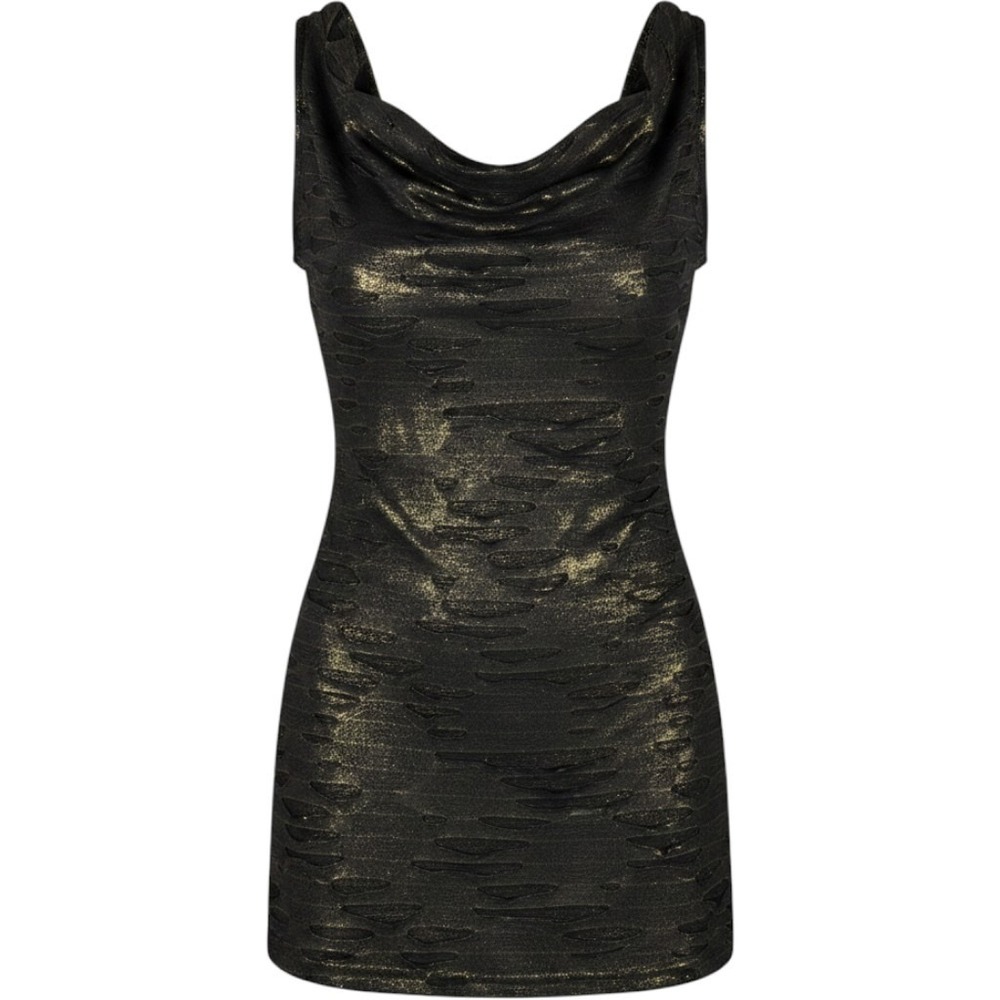 Daytrip Black Gold Metallic Cowl Neck Distressed Sleeveless Top TW6947 Medium
